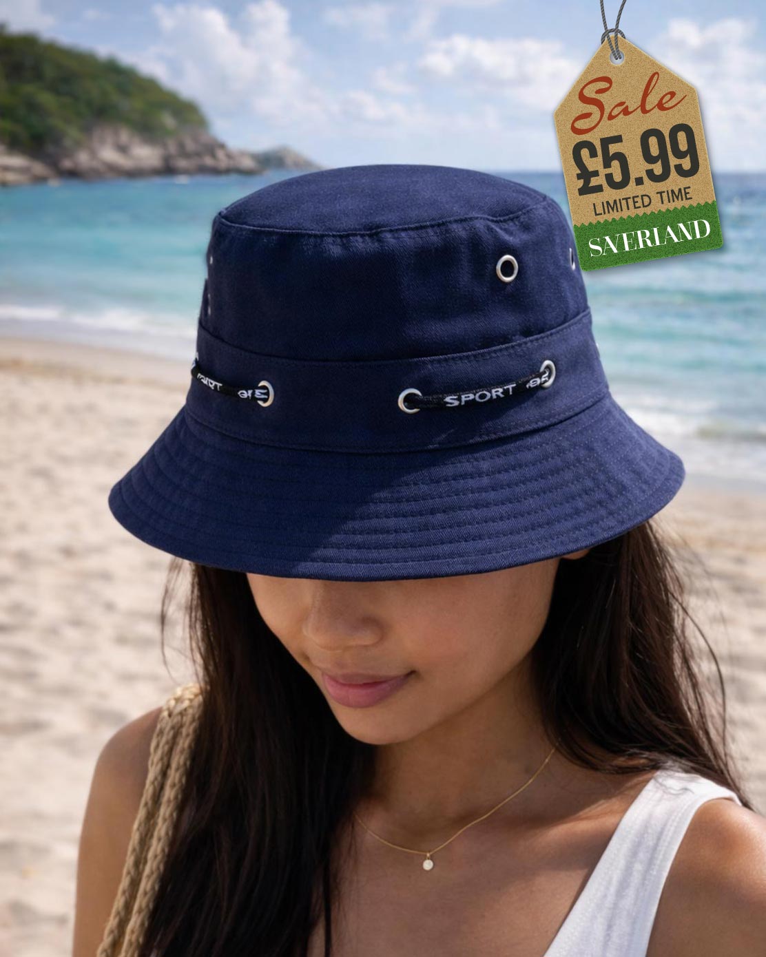 Navy blue cotton sport bucket hat with cord hatband worn at the beach