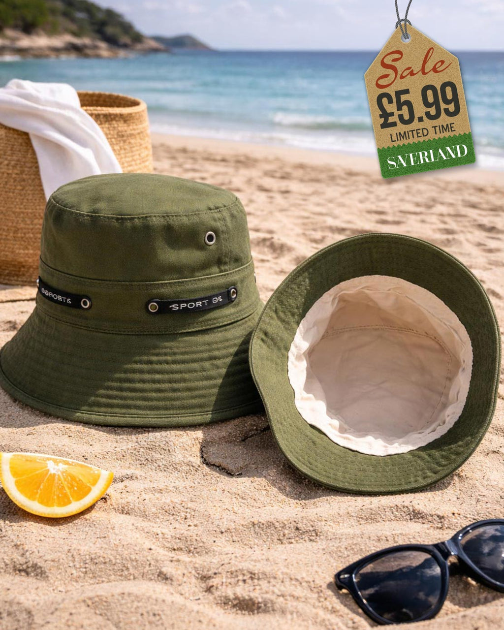 Olive green cotton sport bucket hat with cord hatband shown upright and interior view on sand at beach