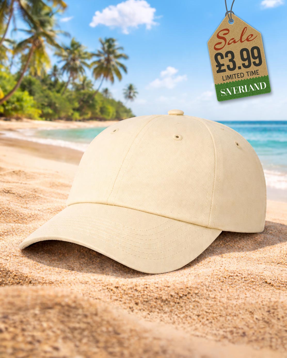 Classic plain cream six-panel baseball cap on sand at a tropical beach