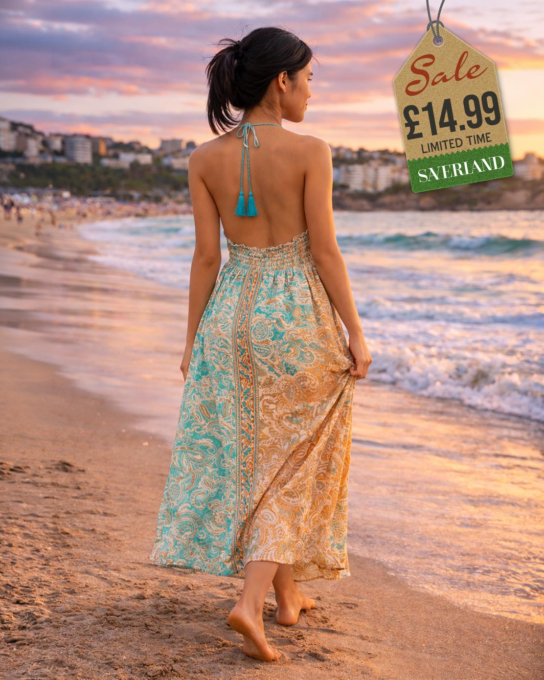 Cream and olive gold medallion maxi dress, back view on cliffside