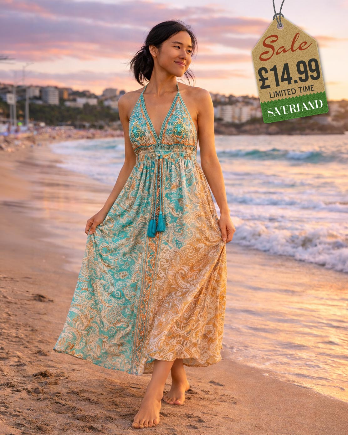 Cream and olive gold medallion maxi dress, front view at Italian portside