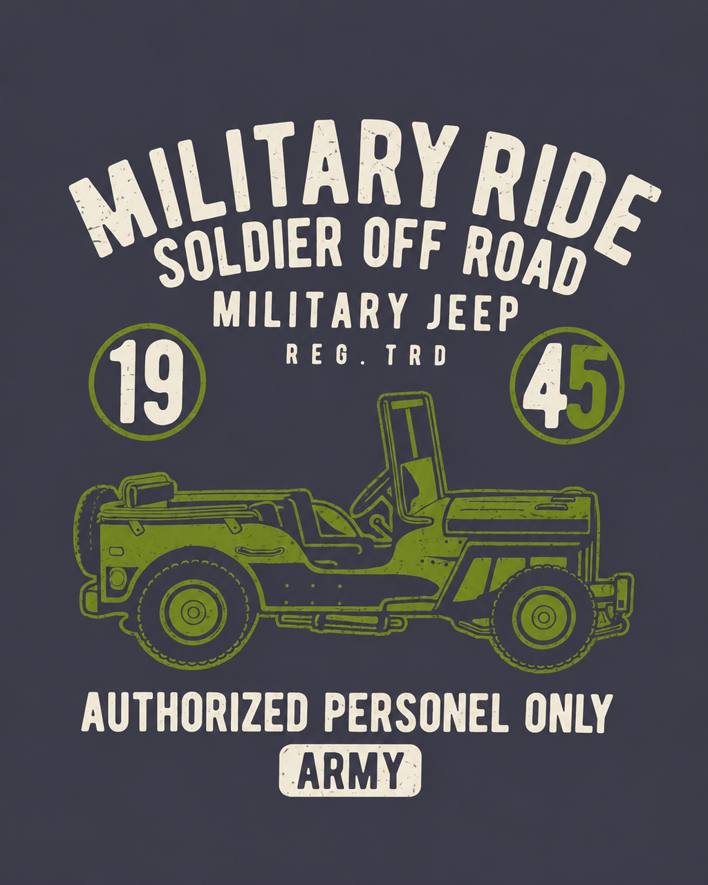 Men's navy t-shirt with vintage military jeep graphic and Army slogan print