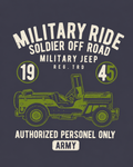 Men's navy t-shirt with vintage military jeep graphic and Army slogan print