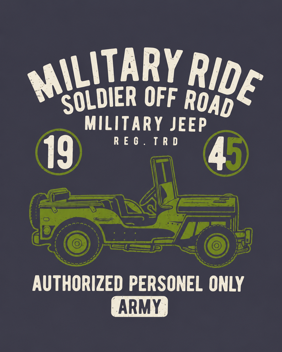 Men's navy t-shirt with vintage military jeep graphic and Army slogan print