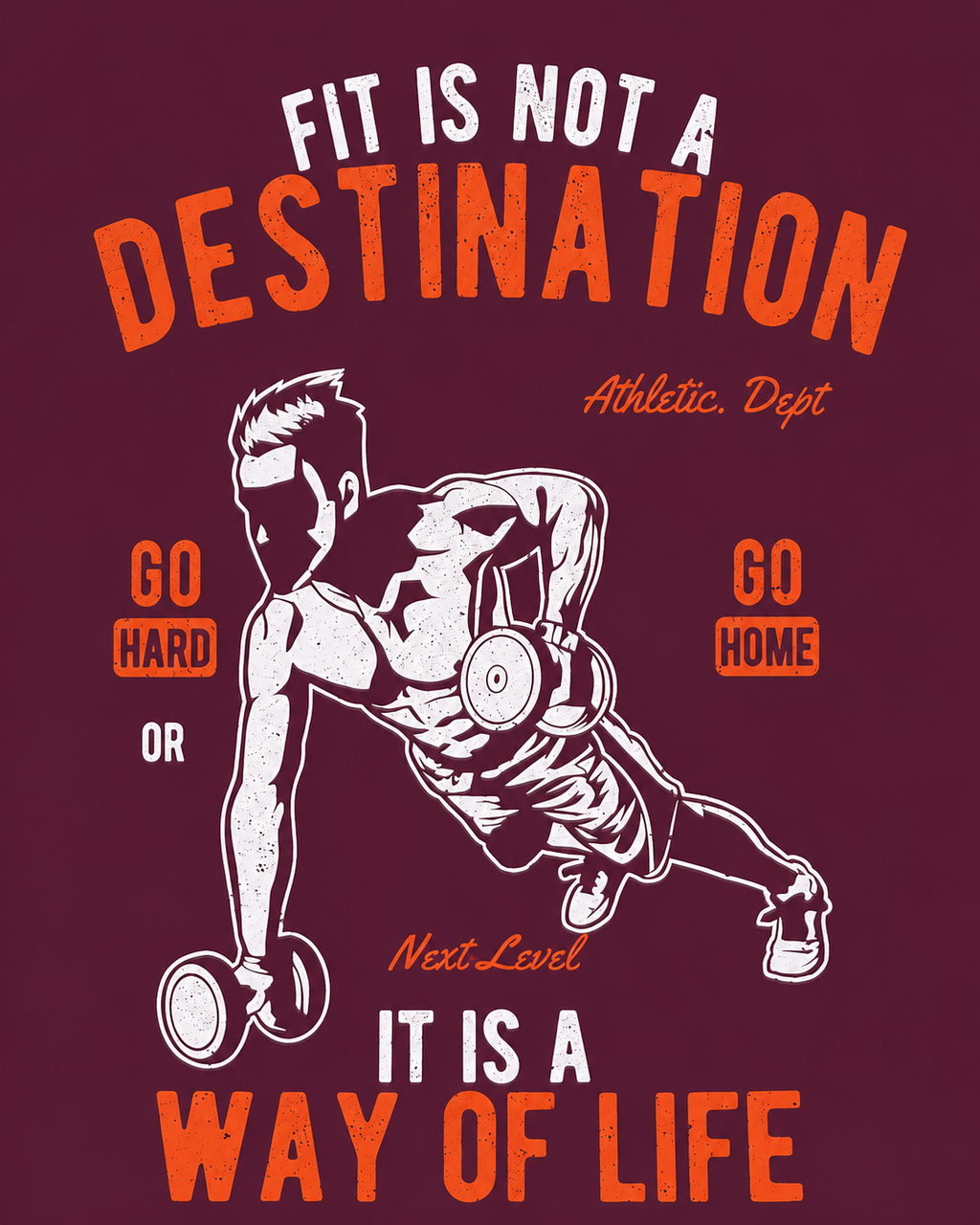 Men's maroon graphic t-shirt with orange motivational fitness slogan and dumbbell athlete print