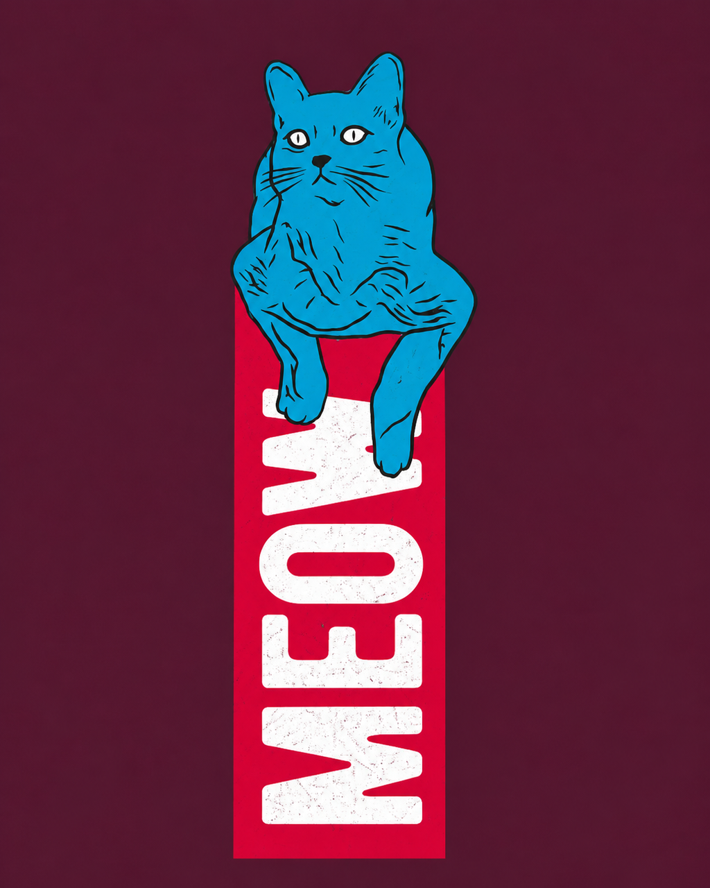 Men's graphic t-shirt with blue cat and red MEOW banner on burgundy background