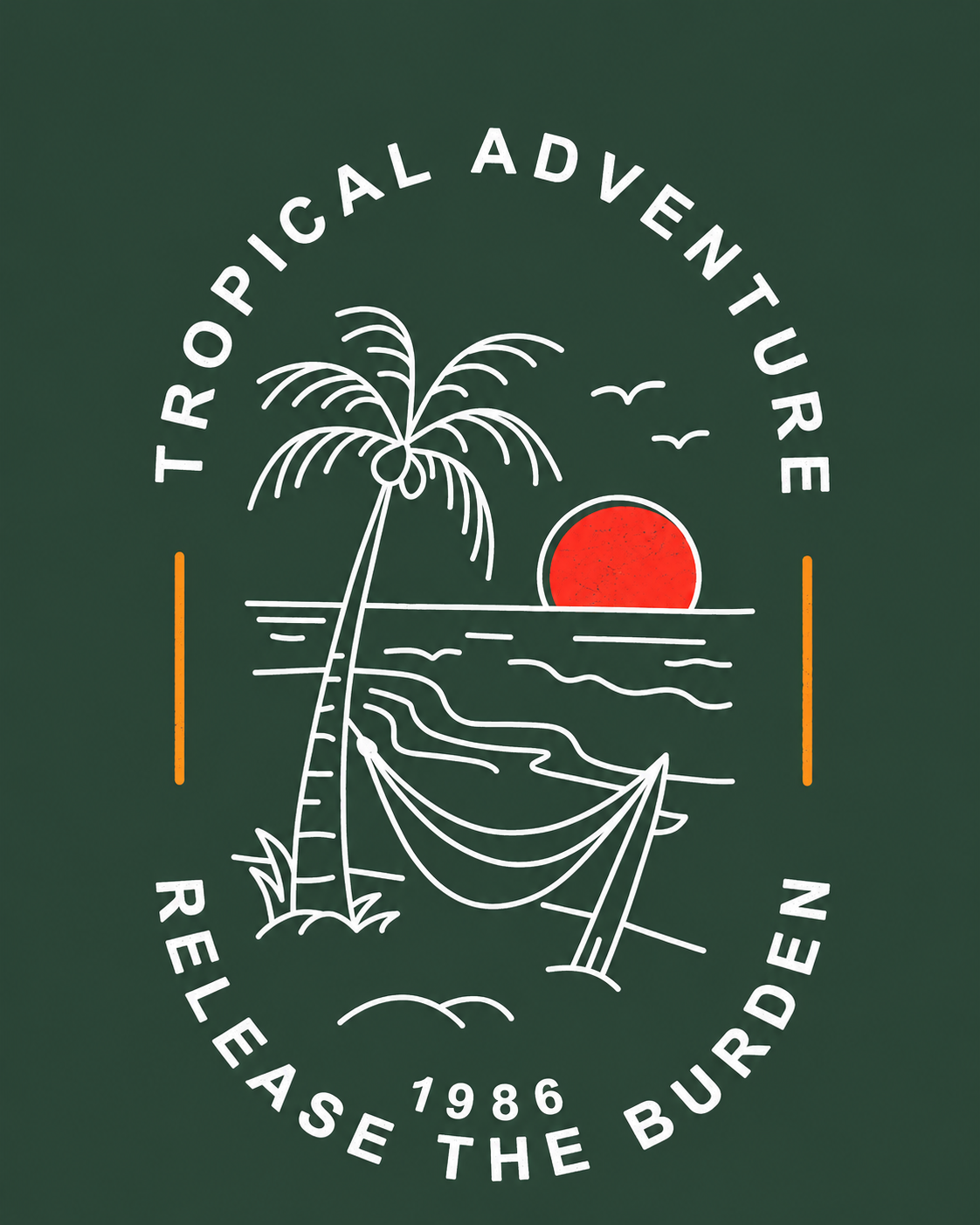 Men's forest green graphic t-shirt with tropical adventure beach scene print featuring palm tree, hammock and sunset