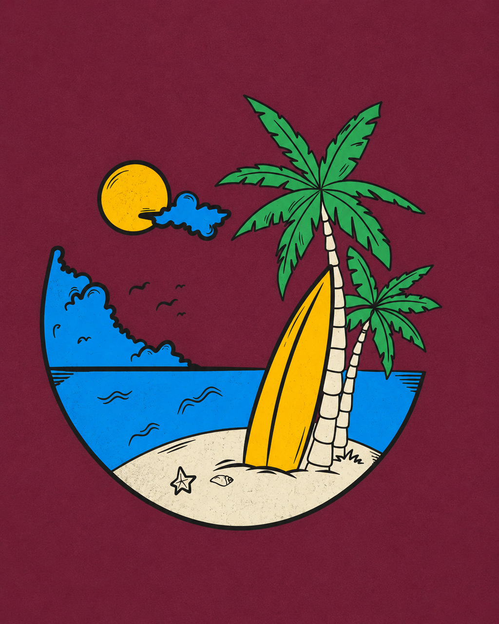 Men's maroon graphic t-shirt with retro tropical beach print featuring palm trees, surfboard, ocean waves and sun