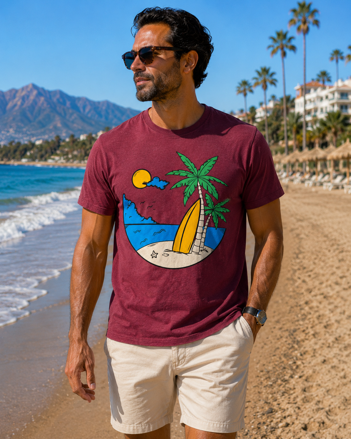 Tropical Beach Graphic T-Shirt – Maroon
