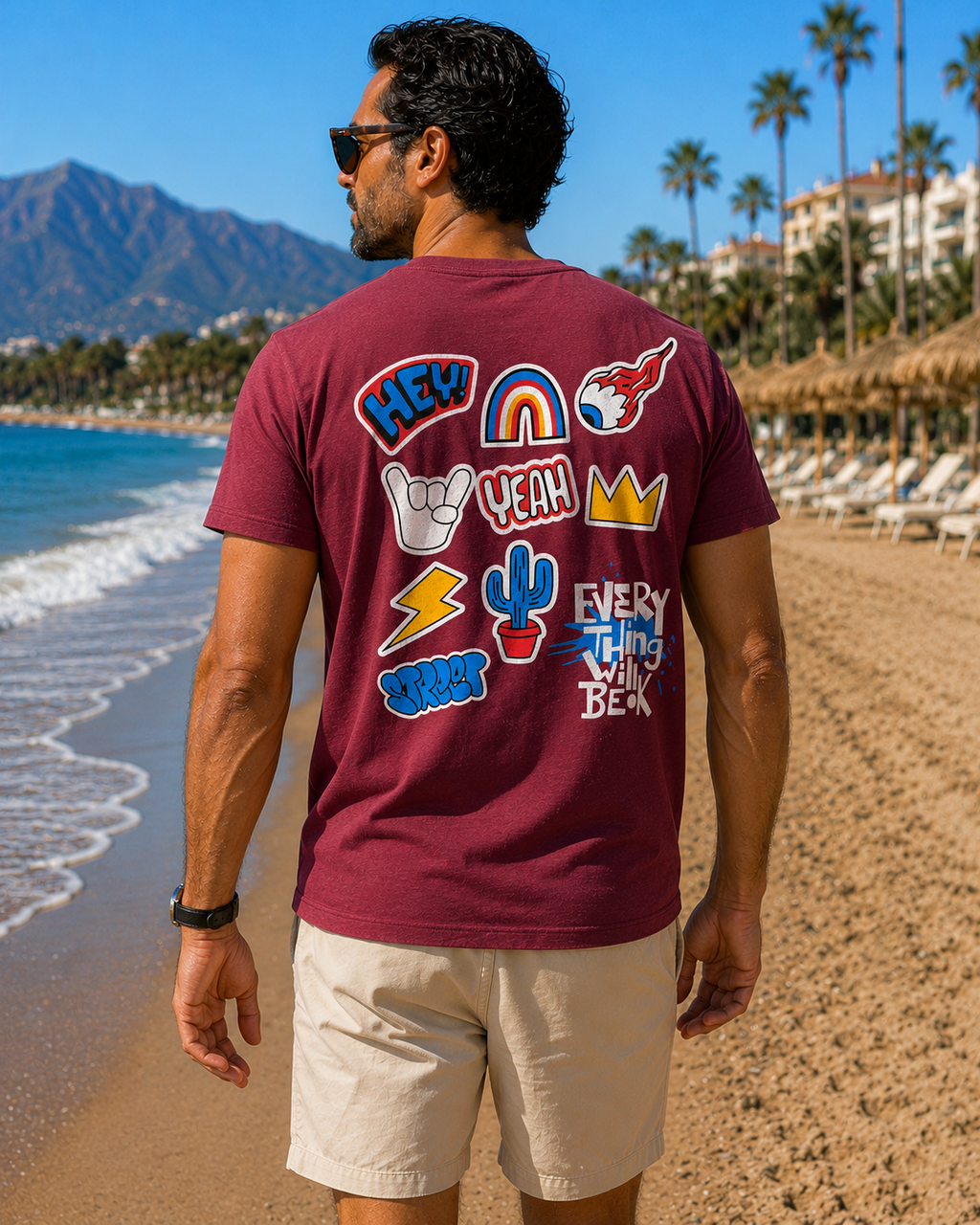 Tropical Beach Graphic T-Shirt – Maroon