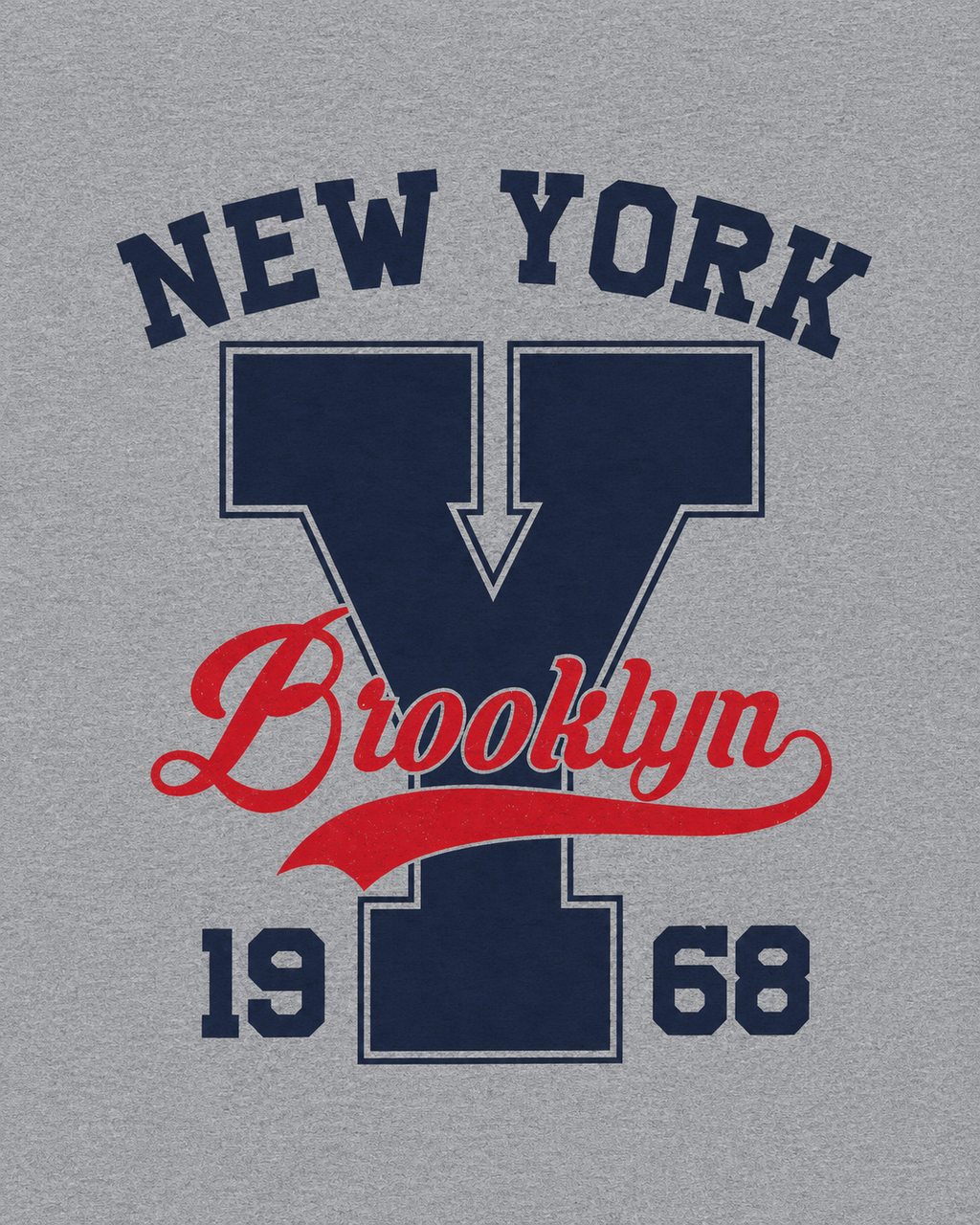 Grey marl men's t-shirt with New York Brooklyn 1968 varsity graphic print in navy and red