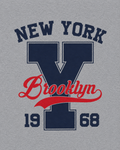 Grey marl men's t-shirt with New York Brooklyn 1968 varsity graphic print in navy and red
