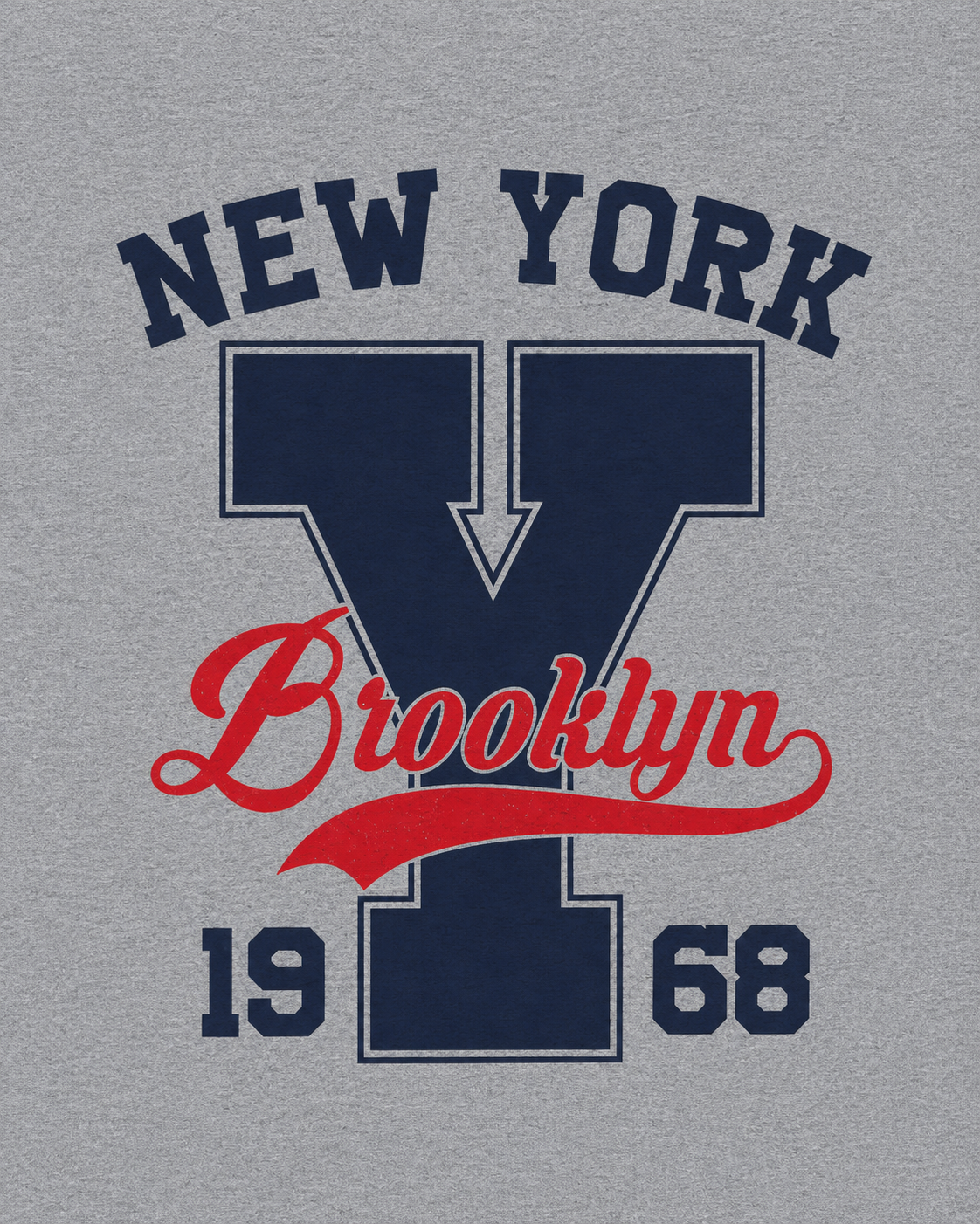 Grey marl men's t-shirt with New York Brooklyn 1968 varsity graphic print in navy and red