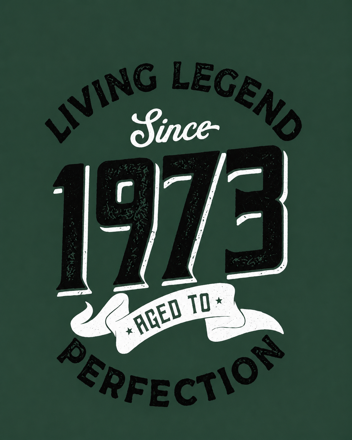 Forest green men's t-shirt with vintage graphic print reading Living Legend Since 1973 Aged to Perfection