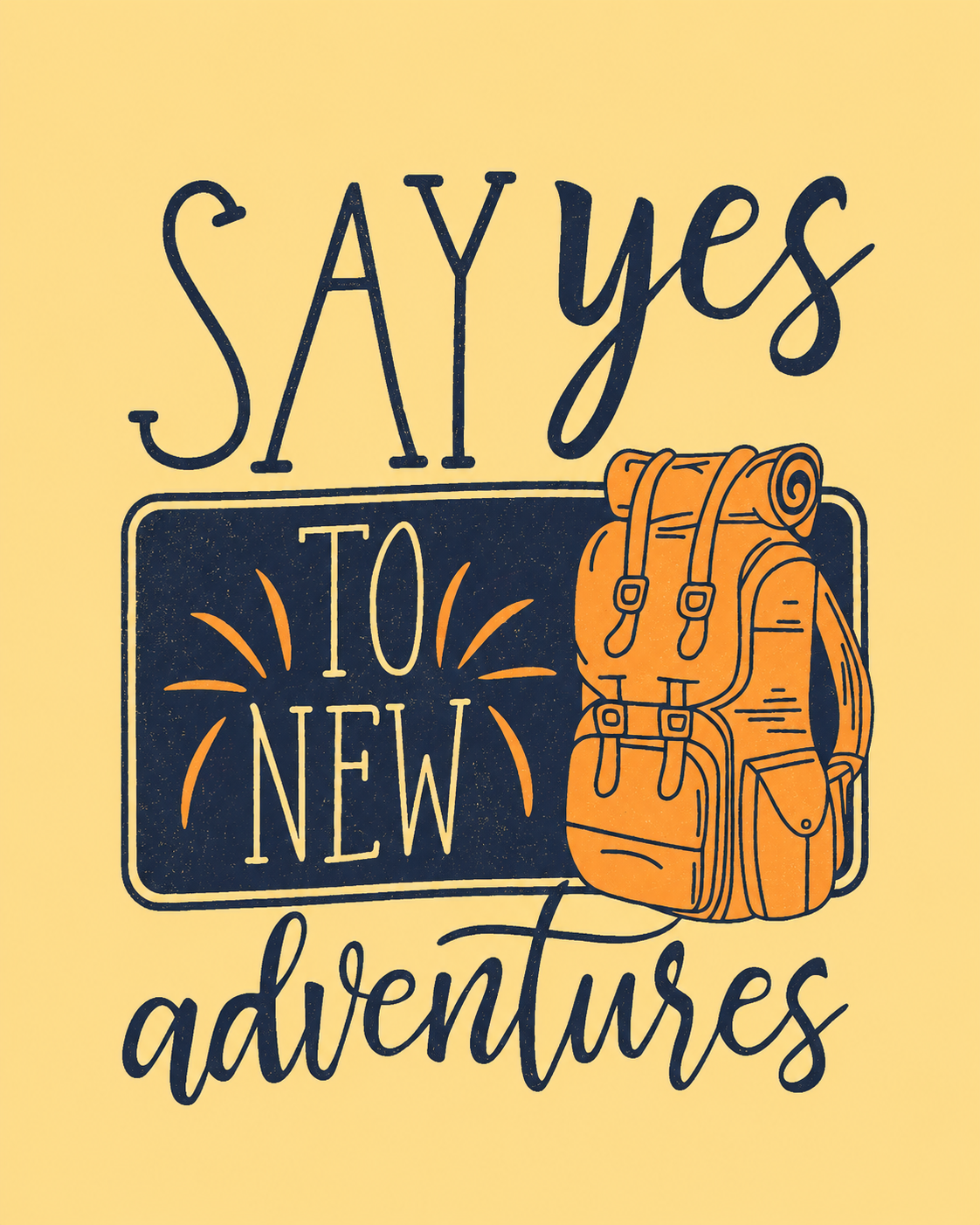 Men's yellow t-shirt with Say Yes To New Adventures slogan and hiking backpack graphic in navy and amber