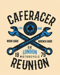 Men's graphic t-shirt with Caferacer Reunion vintage motorcycle club print in black and blue on cream background