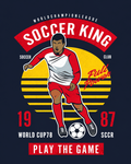 Men's navy graphic t-shirt with retro Soccer King football player design in red and yellow