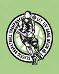Men's sage green t-shirt with classic basketball championship vintage badge graphic print