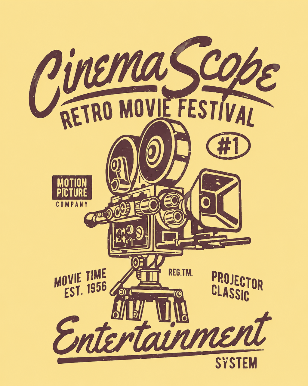 Men's yellow graphic t-shirt with CinemaScope Retro Movie Festival vintage film projector design in burgundy print