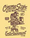 Men's yellow graphic t-shirt with CinemaScope Retro Movie Festival vintage film projector design in burgundy print