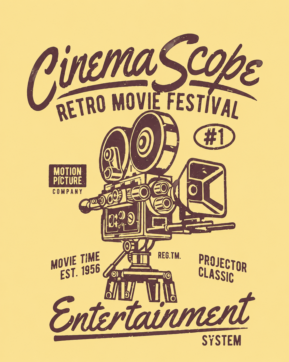Men's yellow graphic t-shirt with CinemaScope Retro Movie Festival vintage film projector design in burgundy print