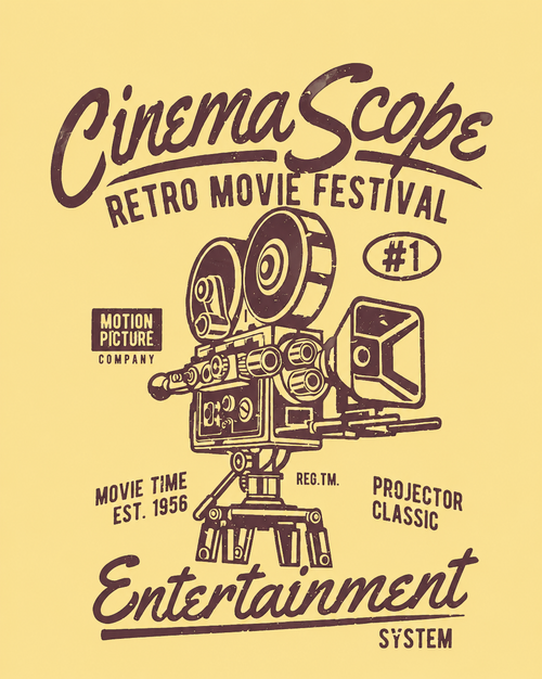 Men's yellow graphic t-shirt with CinemaScope Retro Movie Festival vintage film projector design in burgundy print
