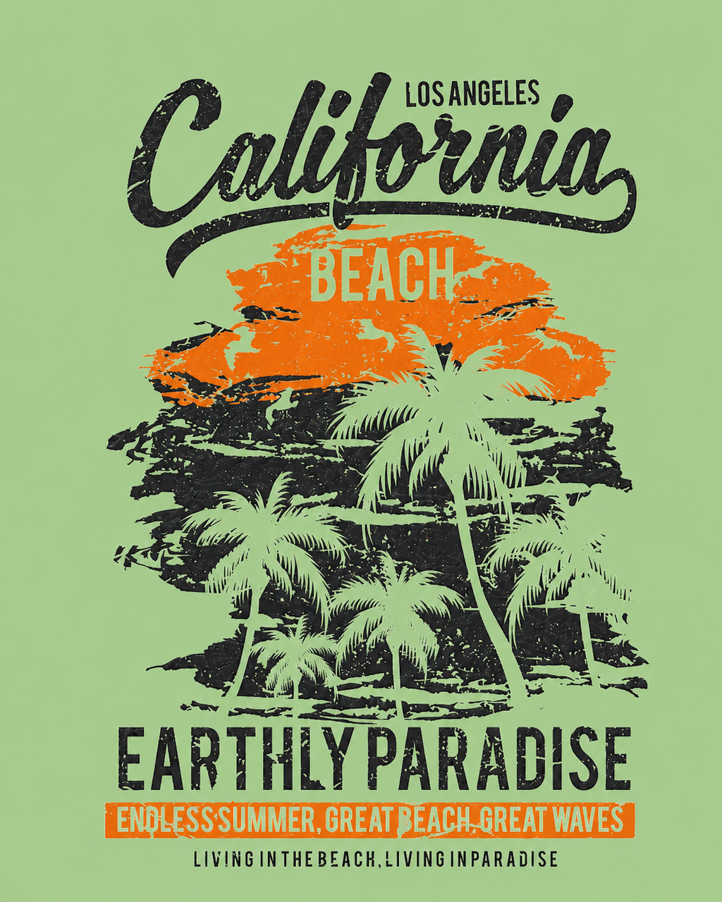 Men's sage green graphic t-shirt with Los Angeles California Beach Earthly Paradise vintage palm tree sunset print