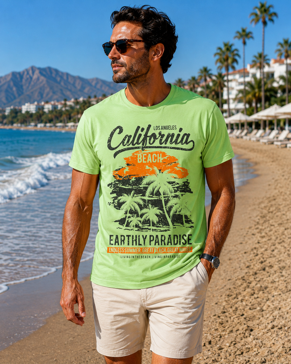 Man wearing lime green California Beach graphic t-shirt walking along a sunny beach