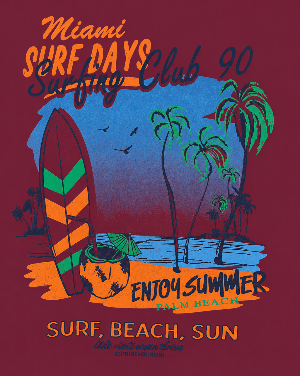 Men's burgundy graphic t-shirt with Miami Surf Days retro beach print featuring palm trees and surfboard