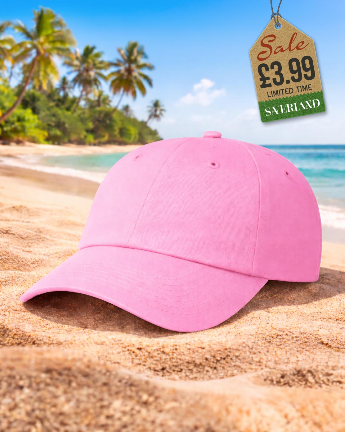 Classic plain pink six-panel baseball cap on sand at a tropical beach