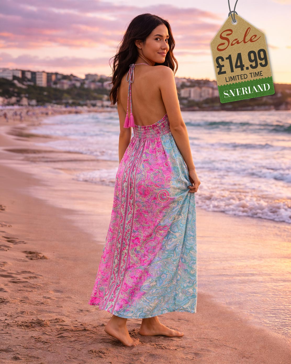 Pastel pink and blue paisley halter maxi dress, back view on beach
