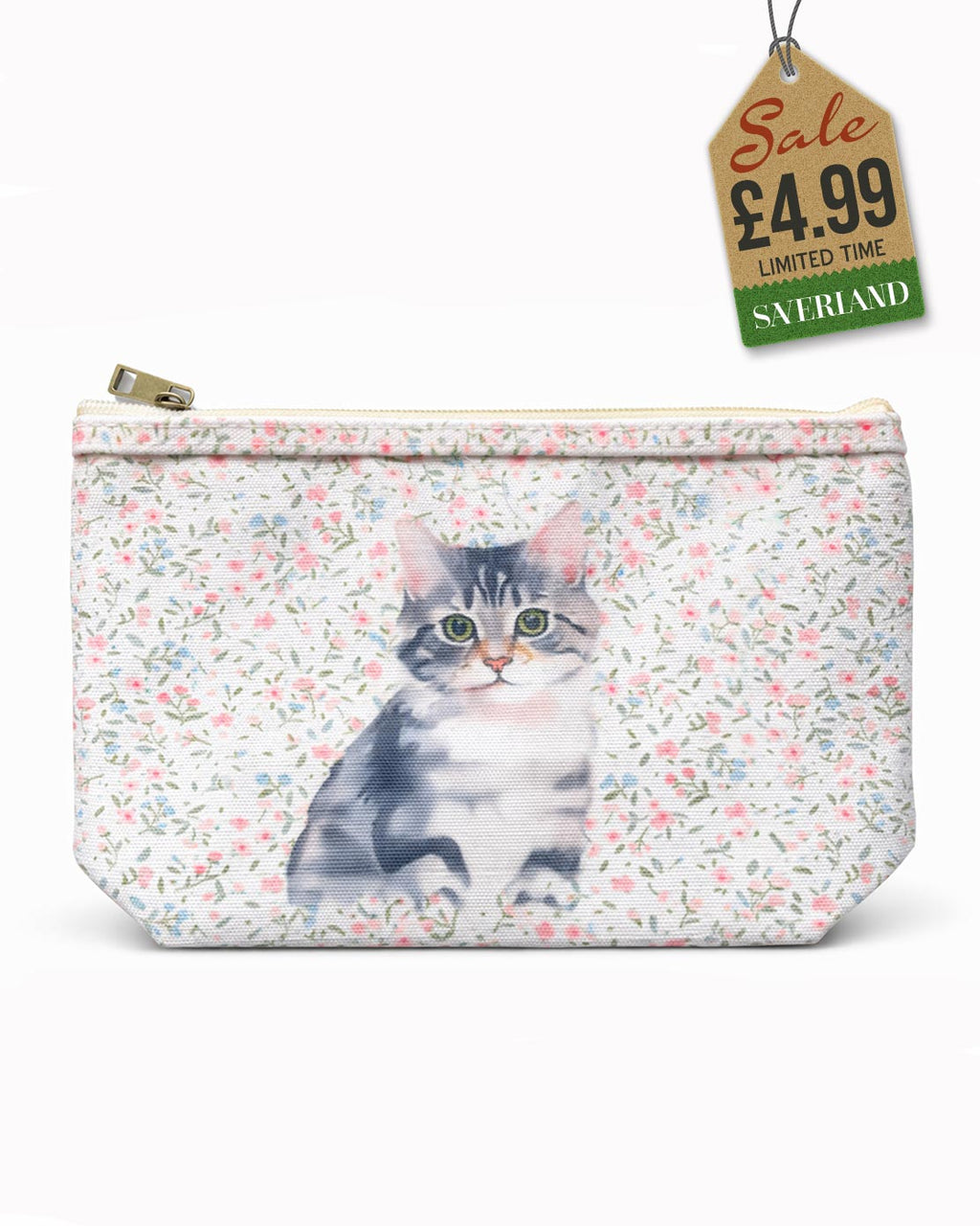 Canvas zip pouch with grey tabby kitten on pink floral background