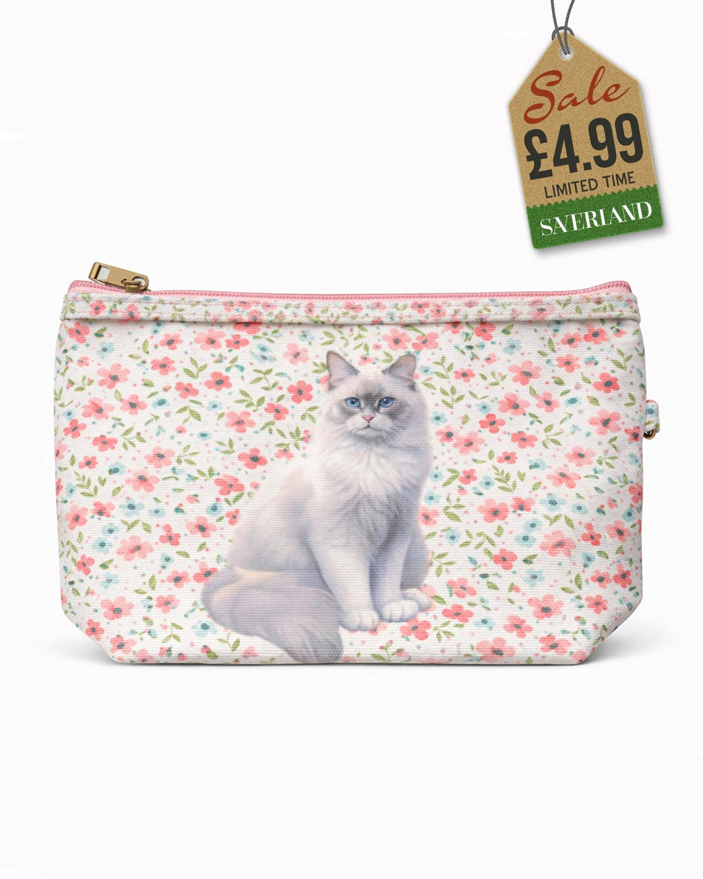 Canvas zip pouch with Ragdoll cat on pink floral background