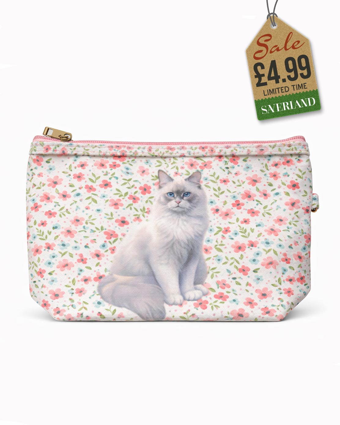 Canvas zip pouch with Ragdoll cat on pink floral background