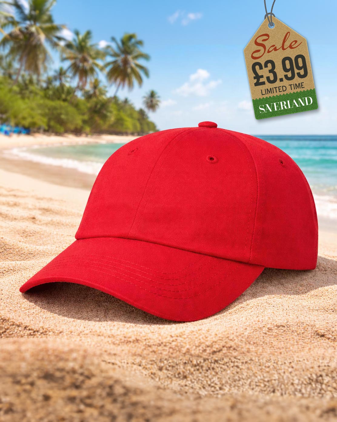 Classic plain red six-panel baseball cap on sand at a tropical beach