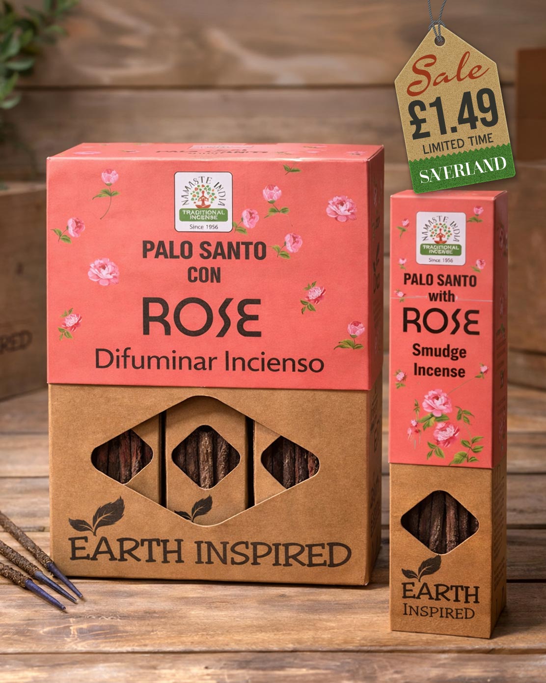Palo Santo with Rose smudge incense box and single pack by Namaste India
