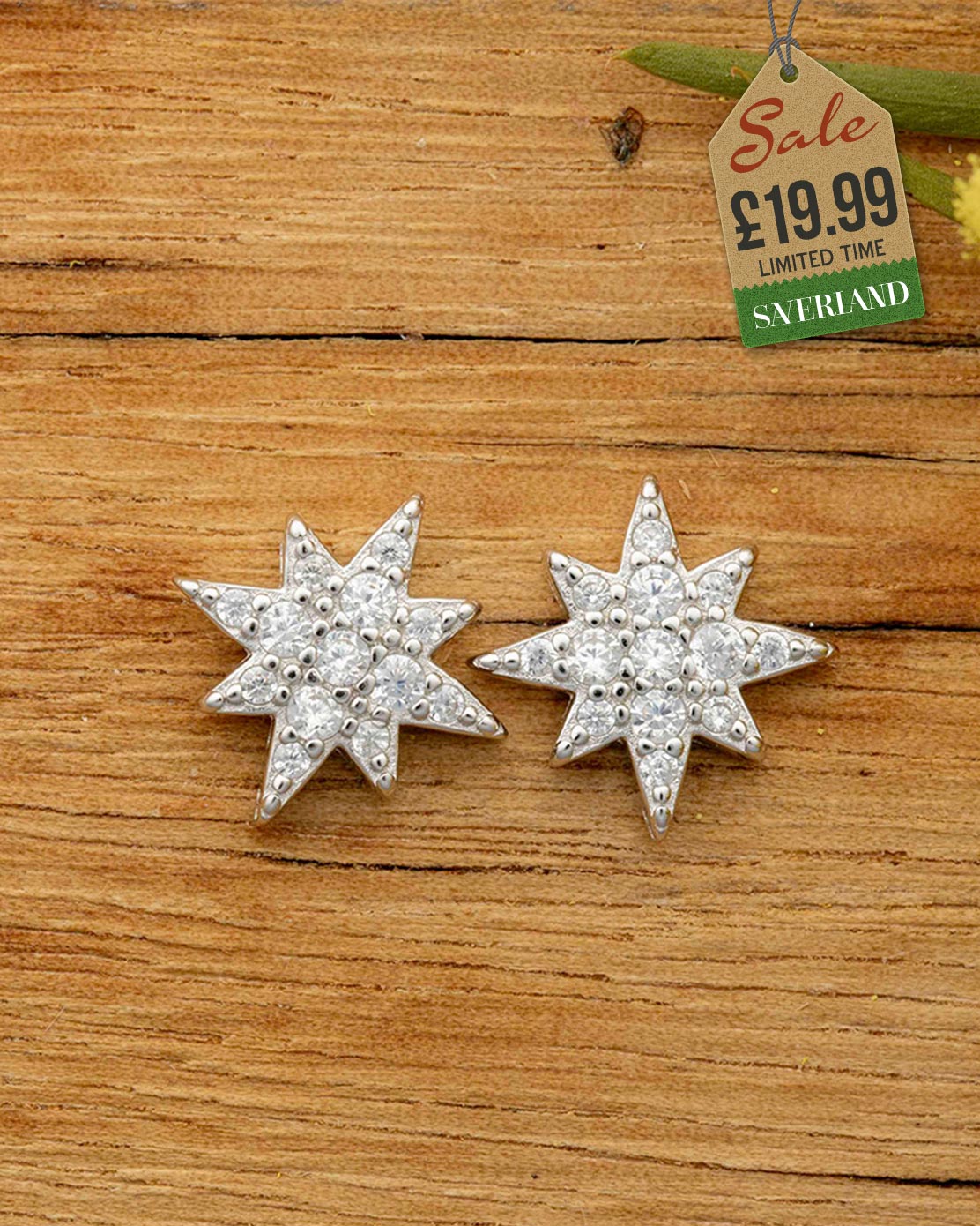 Sterling Silver Small Stars Push-back Earrings Decorated with CZ Diamonds