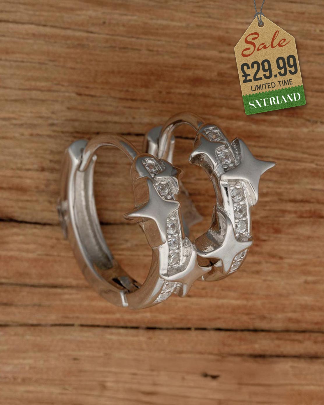 Sterling Silver Stars Hook Earrings Decorated with CZ Simulated Diamonds