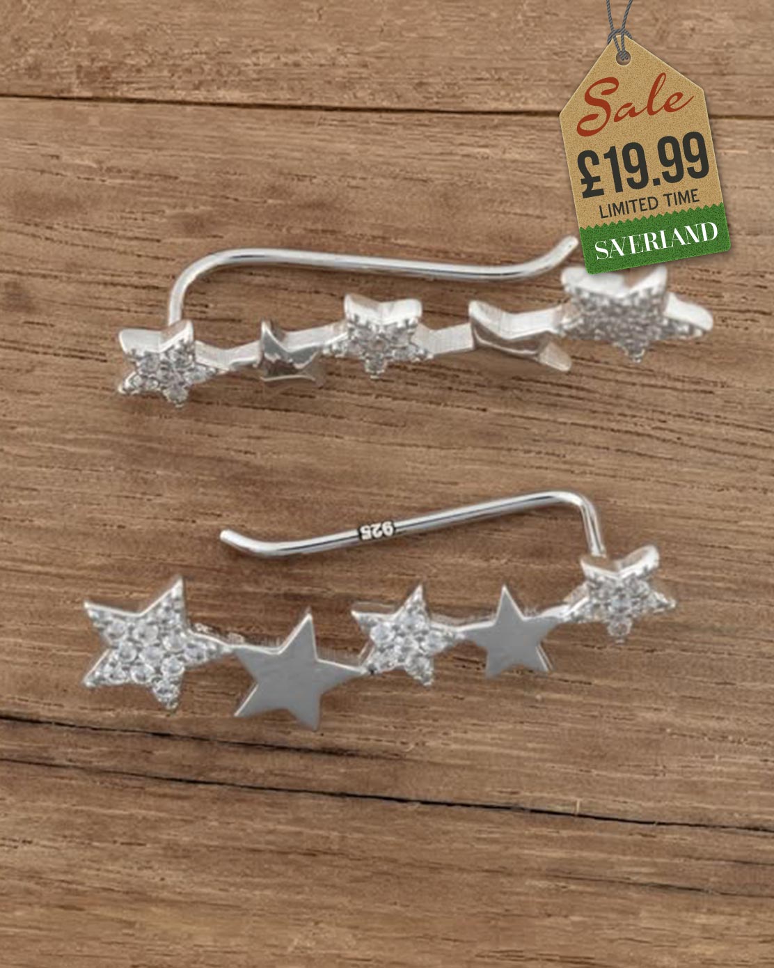 Sterling Silver Star Ear Pins Decorated with CZ Simulated Diamonds