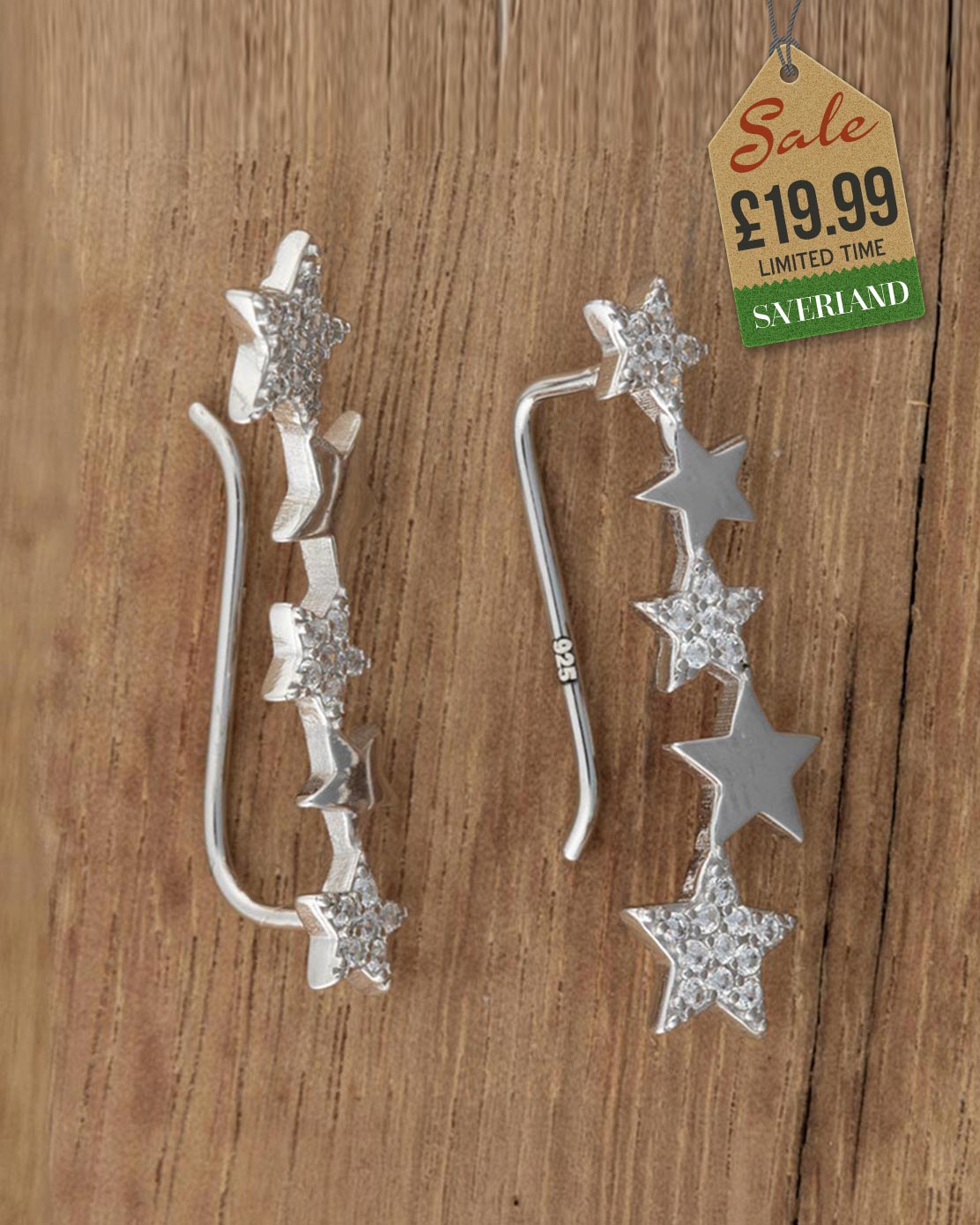 Sterling Silver Star Ear Pins Decorated with CZ Simulated Diamonds