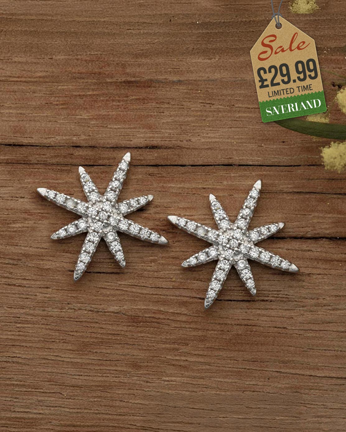 Silver-tone eight-pointed starburst stud earrings pavé set with cubic zirconia crystals on a wooden surface