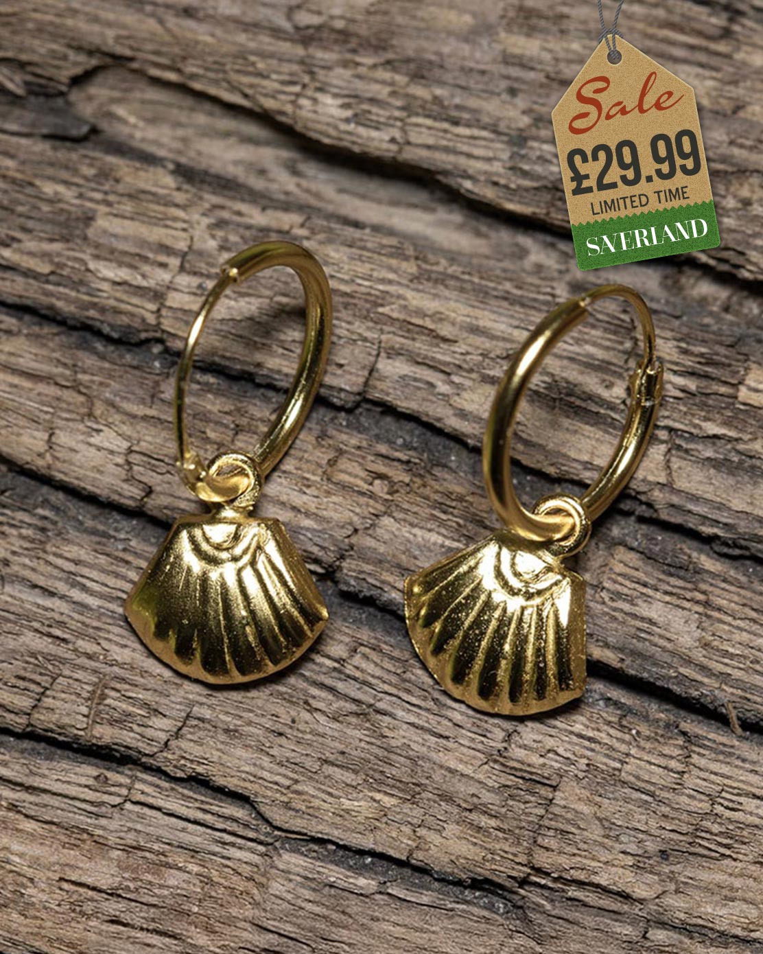 Gold-tone hoop earrings with scallop shell charm pendants displayed on rustic wood