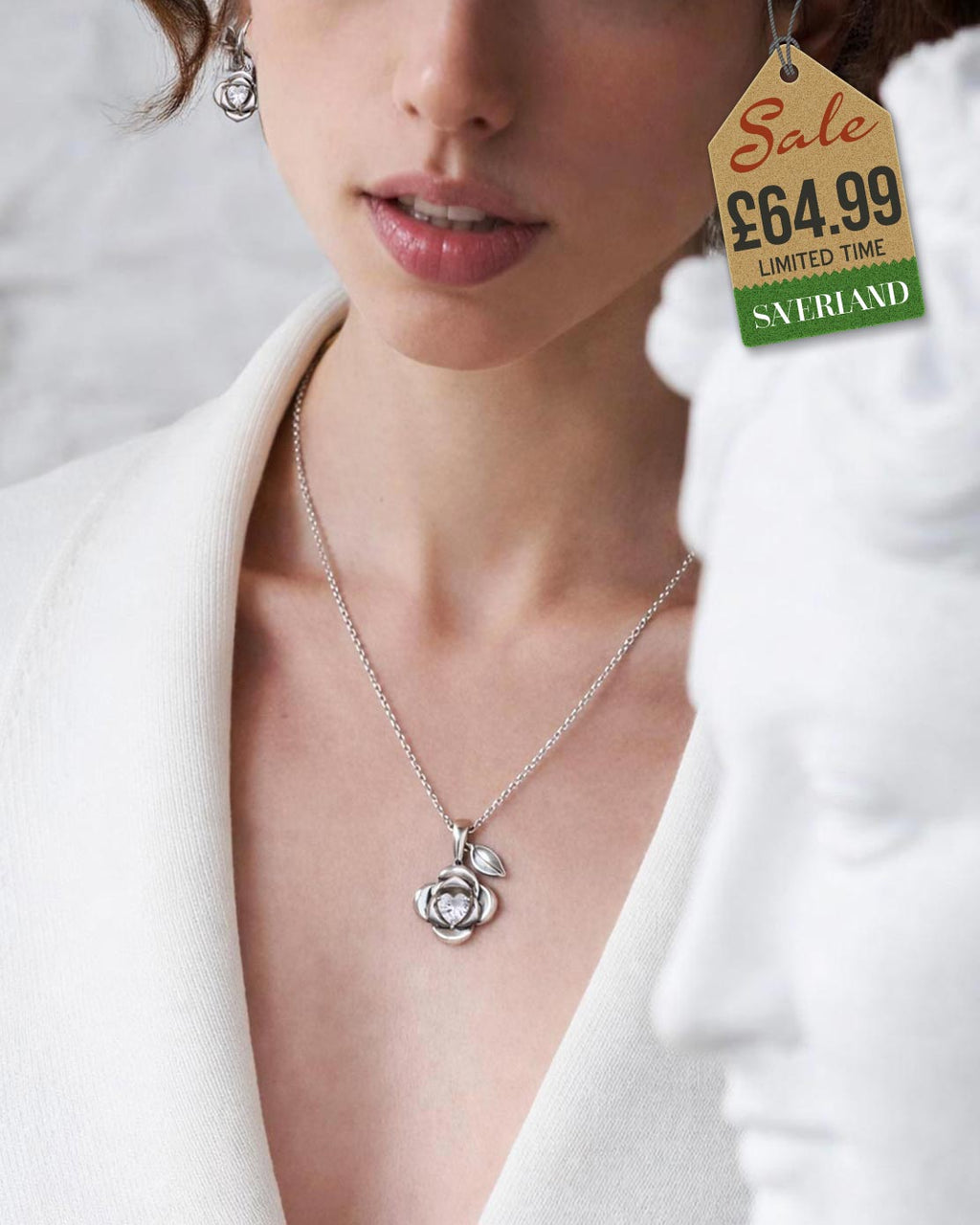 Sterling Silver Magical Flower & Heart Necklace Decorated with CZ Diamonds