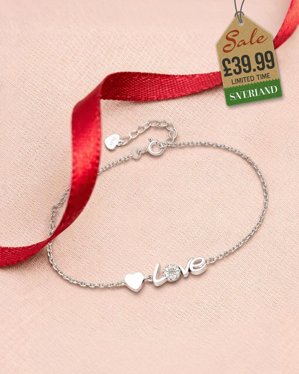 Sterling Silver Lovers Heart Bracelet Decorated with CZ Simulated Diamonds