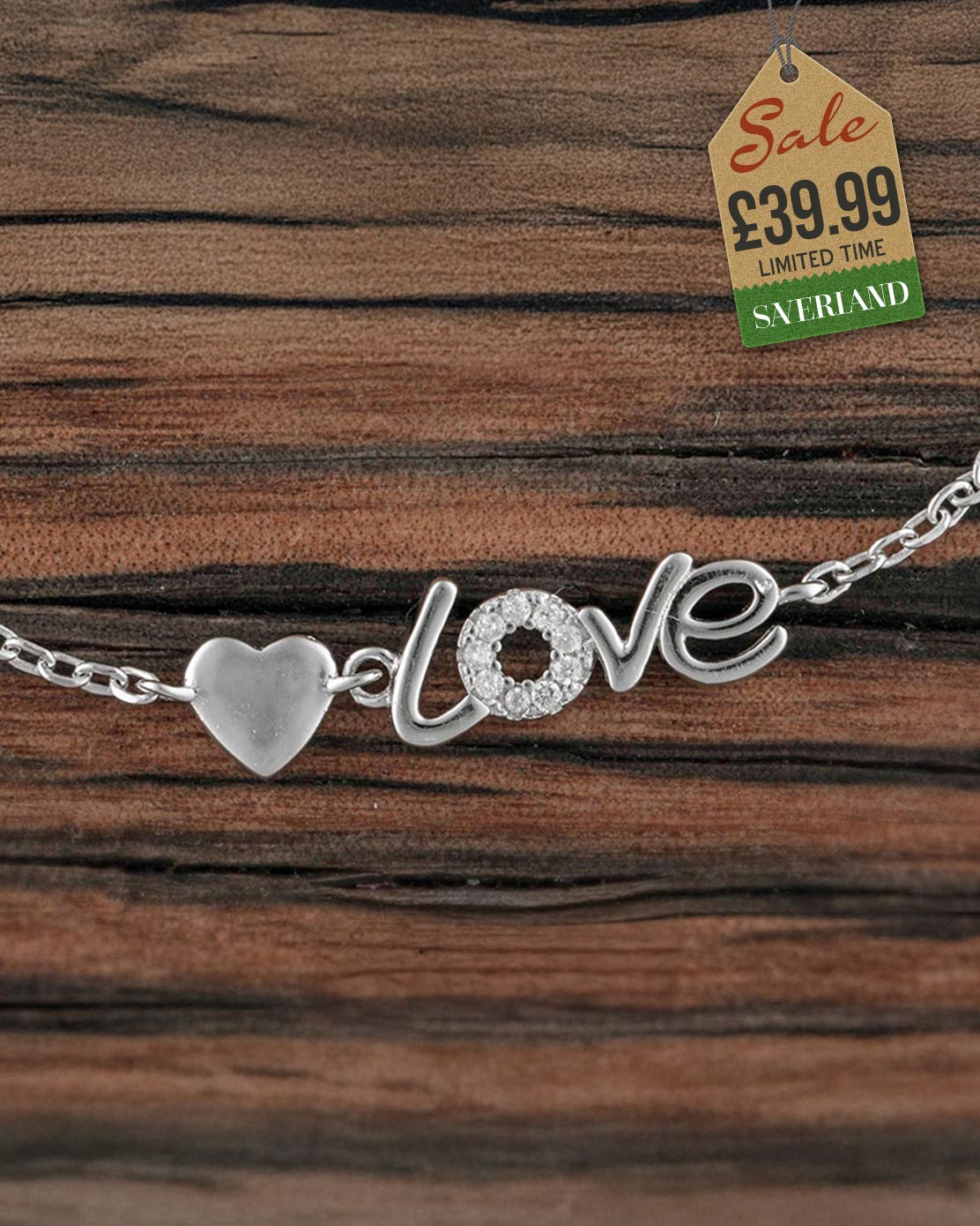 Sterling Silver Lovers Heart Bracelet Decorated with CZ Simulated Diamonds