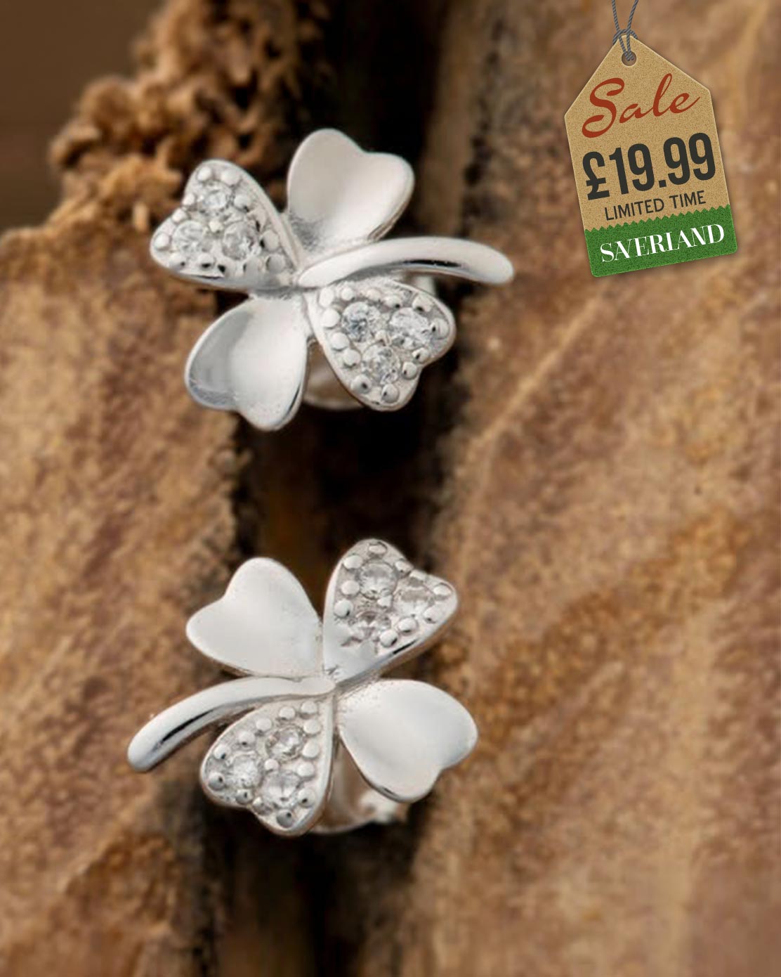 Sterling Silver Clover Push-back Earrings Decorated with CZ Simulated Diamonds