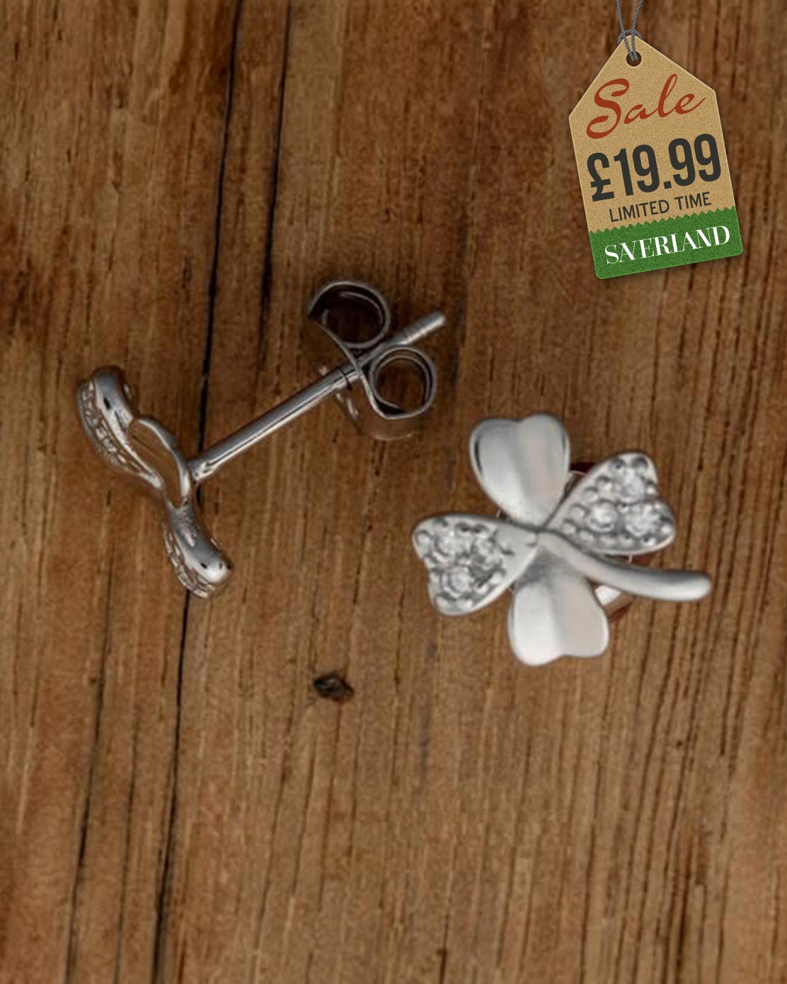 Sterling Silver Clover Push-back Earrings Decorated with CZ Simulated Diamonds