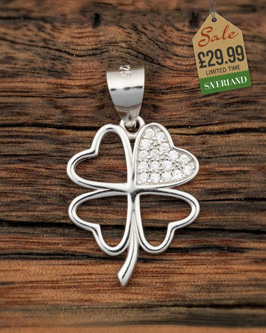 Sterling Silver Clover Pendant Decorated with CZ Simulated Diamonds