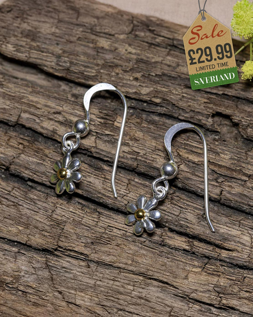 Sterling Silver Daisy Hook Earrings Plated with 1 Micron 18K Yellow Gold