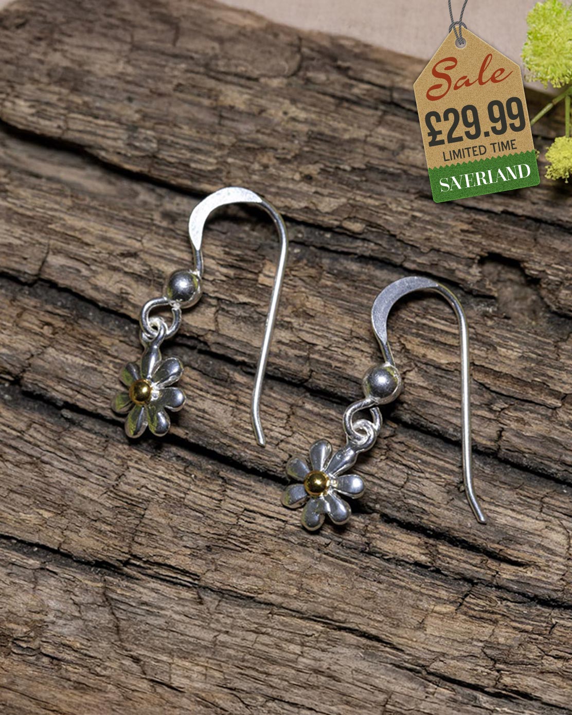 Sterling Silver Daisy Hook Earrings Plated with 1 Micron 18K Yellow Gold